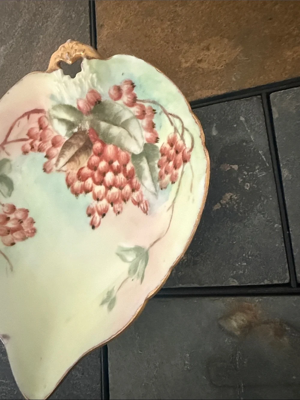 Antique Weimar Germany Porcelain Leaf Trinket Dish Berries Gold Trim Hand Paint